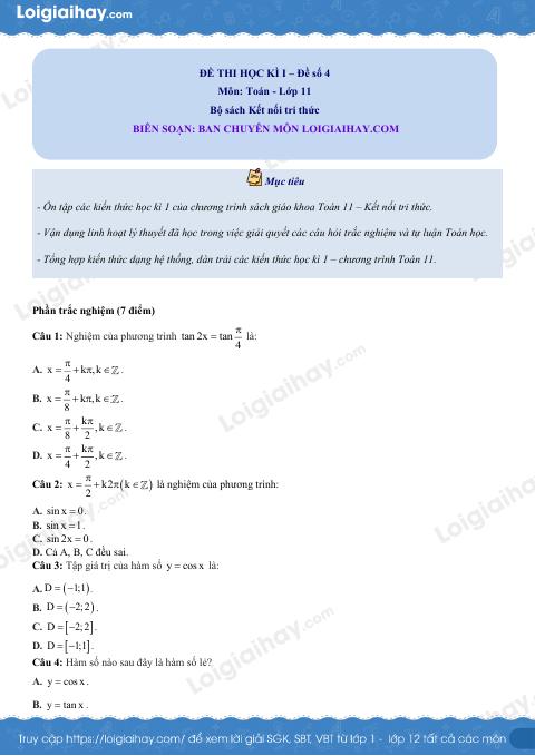 Đề thi học kì 1 Toán 11 Kết nối tri thức - Đề số 4